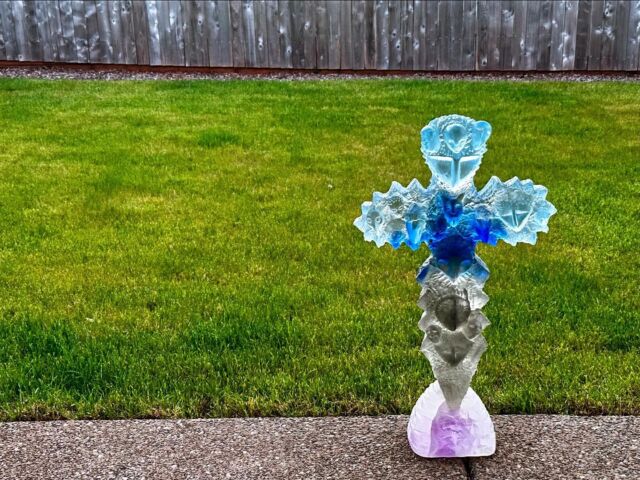 Cast glass totem in twilight suburbia. #castglass #art #sculpture #totem